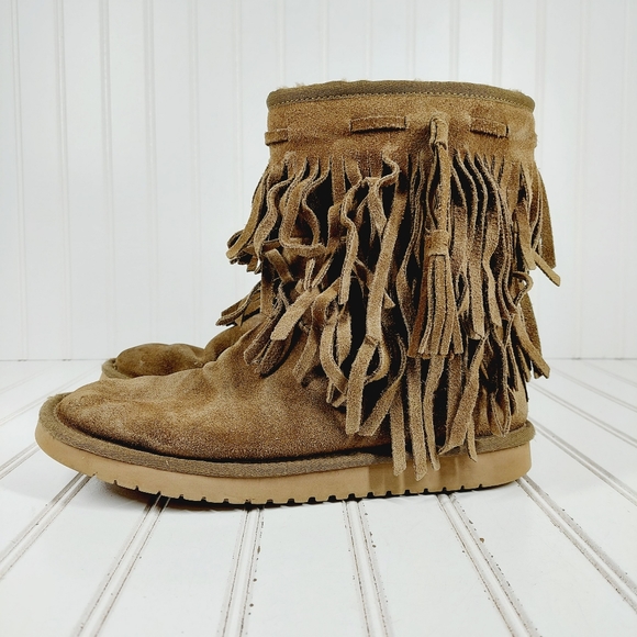 Koolaburra Shoes - Koolaburra By Ugg Cable Fringe Brown Suede Sheepskin Winter Boho Booties H955